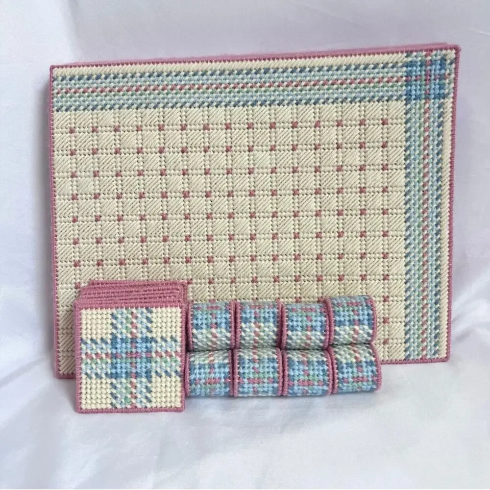 NEEDLEPOINT Vintage 26pc Placemats Coasters & Napkin Rings Set Table Setting